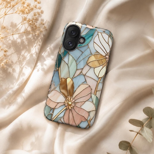 Flowers Stained Glass Gold Phone Case For iPhone 17, S26 & Google Pixel