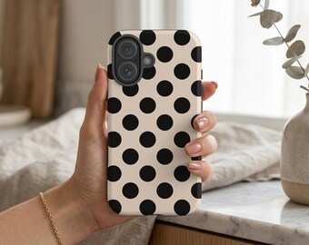 Black & Beige Polka Dots Phone Case, Classic Minimalist Design For iPhone 17, S26, Pixel