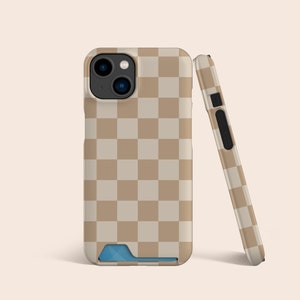 Estuche para tarjetas de teléfono retro a cuadros beige crema, estuche para ranuras para tarjetas, estuche para teléfono con almacenamiento de tarjetas para iPhone 16 15 14 13, para S22 S21 Ultra y más