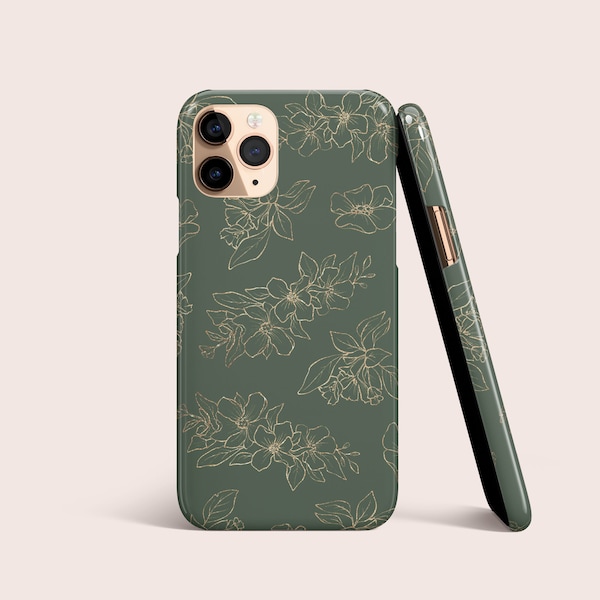 Custodia per telefono con fiori floreali color oro verde salvia per iPhone 15 14 13 Pro 12 11 • Tutti i modelli • Per S24 S23 S22 S21 S10 S9 e altro • Per Google Pixel