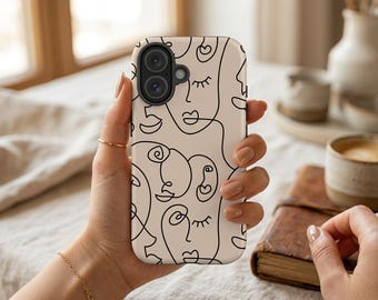 Abstract Faces Beige Line Art Phone Case For iPhone 17, S26 & Google Pixel
