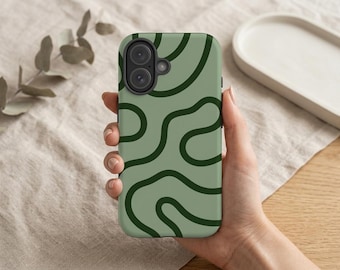 May include: A sage green smartphone case featuring a dark forest green abstract line pattern. The design consists of continuous, flowing, curved lines that traverse the entire back surface of the case, creating a fluid and organic visual effect.