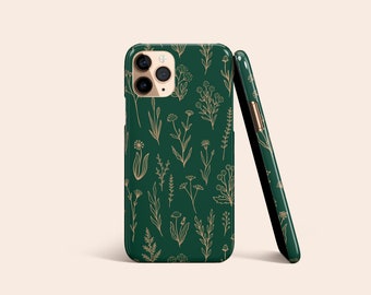 Wildflowers Green Gold Floral Phone Case for iPhone 16 15 14 13 12 | For S25 S24 S23 S22 S21 A71 | For Google Pixel, Flowers Boho, Minimal