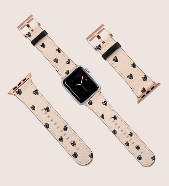 Hearts Hand Drawn Love Aesthetic Watch Band, For Apple Watch, 41mm 40mm 38mm 42mm 44mm, Vegan Leather Smartwatch Band, Watch Band Rose Gold
