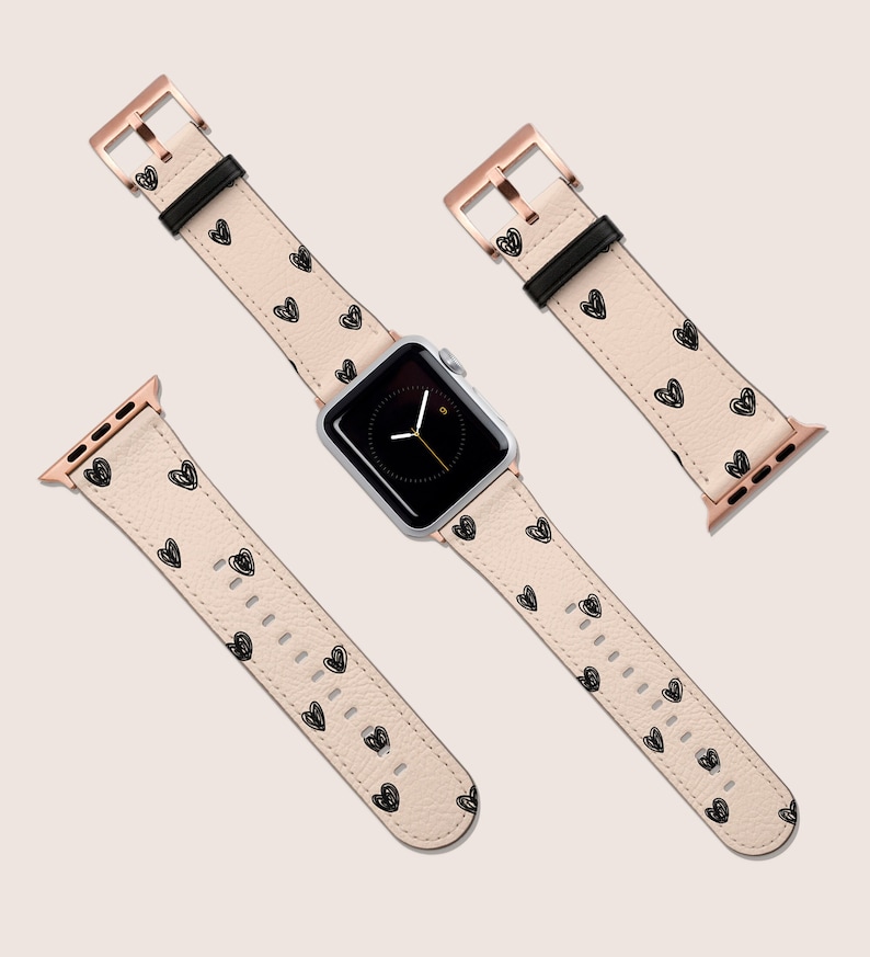 Hearts Hand Drawn Love Aesthetic Watch Band, For Apple Watch, 41mm 40mm 38mm 42mm 44mm, Vegan Leather Smartwatch Band, Watch Band Rose Gold image 1