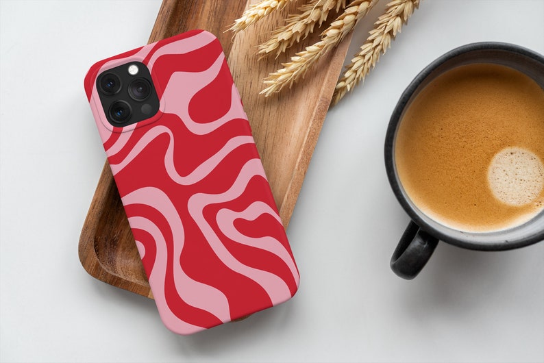 Wavy Abstract Groovy Red Pink Phone Case For iPhone 15 14 13 12 11 All Models For S24 S23 S22 S21 S10 S20 & More For Google Pixel 8 7 画像 2