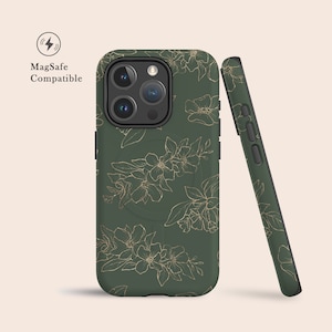 Sage Green Gold Floral Flowers MagSafe Case For iPhone 16 15, 14, 13 • MagSafe Compatible Case For iPhone 15, For iPhone 14 Pro, Plus & More
