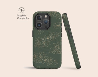 Saliegroene bloemen, gouden bloemen MagSafe-hoesje voor iPhone 17 16 15 14 Pro, Plus en meer