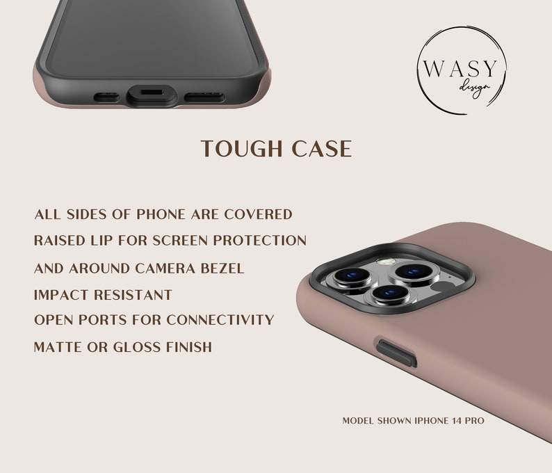 May include: A close-up of a phone case in a neutral color, with a black camera bezel and a black border. The text on the image reads "TOUGH CASE" and lists features like impact resistance and screen protection. The model shown is an iPhone 14 Pro.
