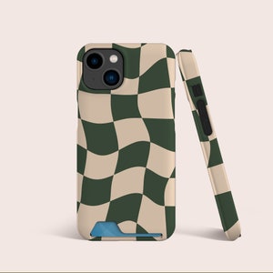 Custodia per telefono con motivo a quadri beige e verde, custodia per slot per schede, custodia per telefono con spazio per schede per iPhone 16, 15, 14, 13, S22, S21 Ultra e altro