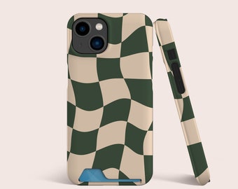 Checkered Plaid Beige Green Groovy Phone Card Case,Card Slot Case,Card Storage Phone case For iPhone 16 15 14 13, For S22 S21 Ultra & More