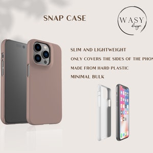 May include: A mauve snap case for a smartphone, with the text "SNAP CASE" and "WASY design". The case is shown with a phone and its internal frame. The text on the image says the case is slim, lightweight, made of hard plastic, and covers only the sides of the phone.