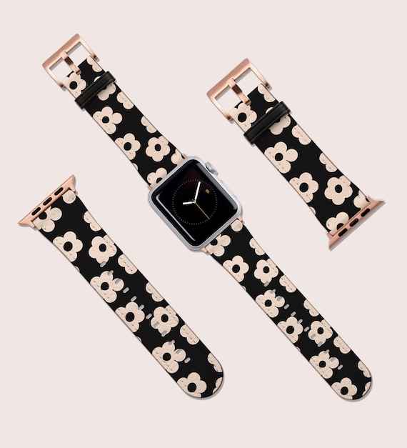 Daisies Black Retro Floral Watch Band, Strap For Apple Watch, 41mm 40mm 38mm 42mm 44mm,Vegan Leather Smartwatch Band, Strap Rose Gold, Gift