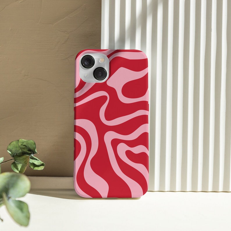 Wavy Abstract Groovy Red Pink Phone Case For iPhone 15 14 13 12 11 All Models For S24 S23 S22 S21 S10 S20 & More For Google Pixel 8 7 画像 3