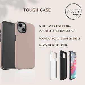 May include: A blush-colored phone case with a black border, shown with a phone inside and disassembled. The text reads "TOUGH CASE", "DUAL LAYER FOR EXTRA DURABILITY & PROTECTION", and "POLYCARBONATE OUTER SHELL + BLACK RUBBER LINER". The WASY design logo is also visible.