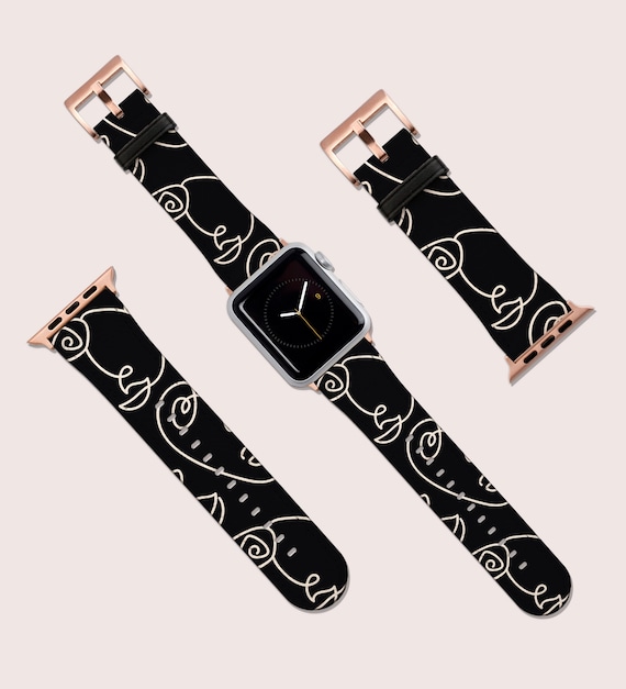 Abstract Faces Line Art Black Watch Band, Fits Apple Watch, 40mm 38mm 42mm 44mm, Vegan Leather Watch Band,Smartwatch Band, Rose Gold, Gift