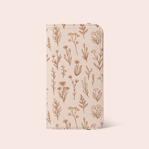 Funda tipo cartera con diseño floral bohemio beige y flores silvestres para iPhone 15, 14, 13, 12, 11 y más - Para S25, S24, S23, S22, S21, S10, S8, S9 y Note 20 - Tarjetero