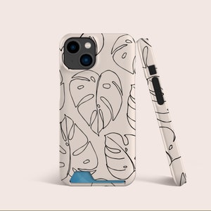 Monstera Line Art Drawing beige patroon Kaarthoes, kaartsleufhoes, kaartopslag telefoonhoesje voor iPhone 16 15 14 13, voor S22 S21 Ultra en meer