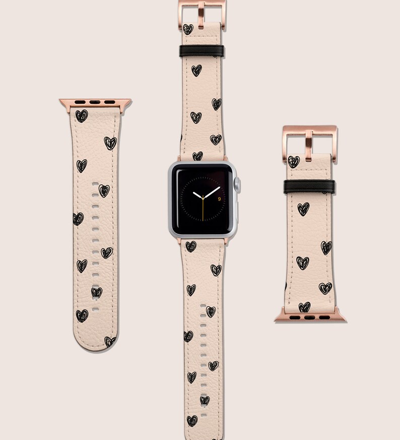 Hearts Hand Drawn Love Aesthetic Watch Band, For Apple Watch, 41mm 40mm 38mm 42mm 44mm, Vegan Leather Smartwatch Band, Watch Band Rose Gold image 3