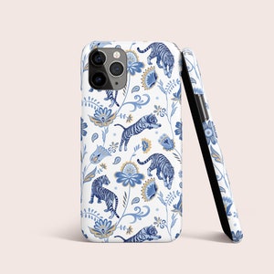 Coque de téléphone bleue à fleurs, tigre de la jungle tropicale pour iPhone 16 15 14 13 12 • Tous les modèles • Pour S25 S24 S23 S22 S21 S20 A71 • Pour Google Pixel