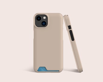 May include: A beige phone case with a built-in card holder. The case has a cutout for the camera lens and a blue accent on the bottom.
