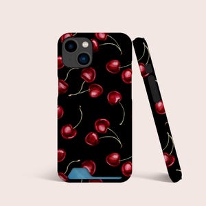 Étui pour cartes de téléphone noir aquarelle cerises rouges, étui avec fente pour carte, étui de téléphone avec rangement pour carte pour iPhone 16 15 14 13, pour S22 S21 Ultra Plus et plus
