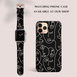 May include: A black and white phone case with a pattern of abstract faces. The case is compatible with an iPhone. Matching watch band is also available.