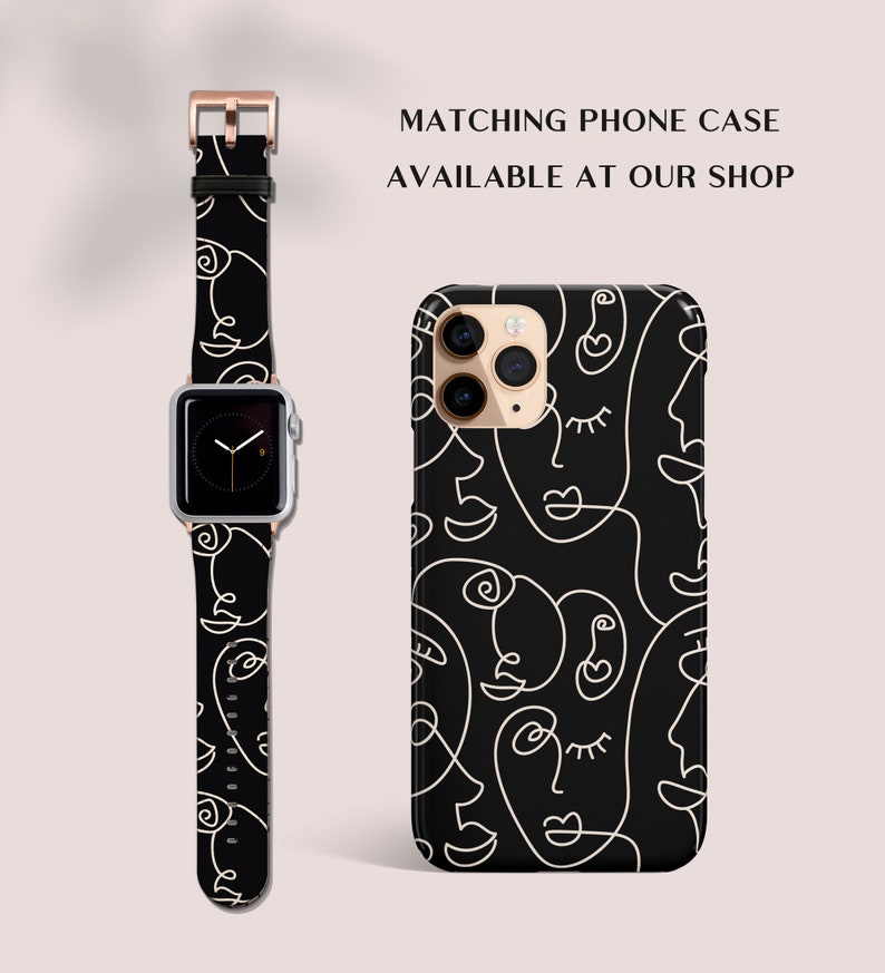 May include: A black and white phone case with a pattern of abstract faces. The case is compatible with an iPhone. Matching watch band is also available.