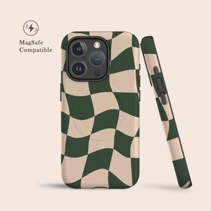 Checkered Sage Green Warped Groovy MagSafe Case For iPhone 16 15, 14, 13 • MagSafe Compatible Case For iPhone 15, 14 Pro, Plus & More