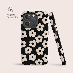 Estuche retro floral con margaritas negras y MagSafe para iPhone 16, 15 y 14 • Estuche compatible con MagSafe para iPhone 15, 14 Pro, Plus y más