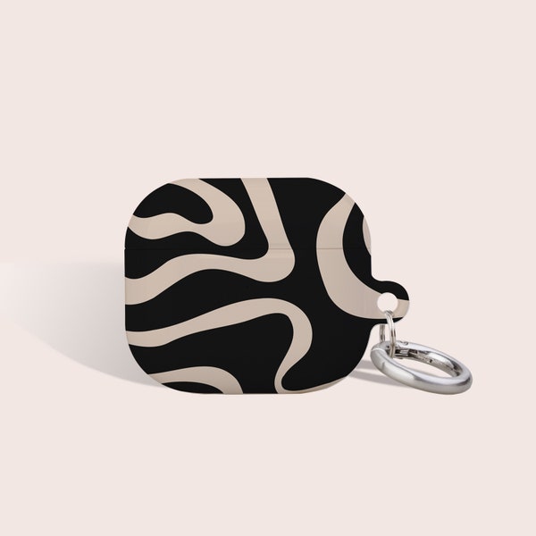 Wavy Abstract Groovy Black Animal Case For Airpod, Fits Airpod Pro case, Case with Carabiner Keychain, Fits AirPod 1st 2nd 3rd Gen,Ear Phone