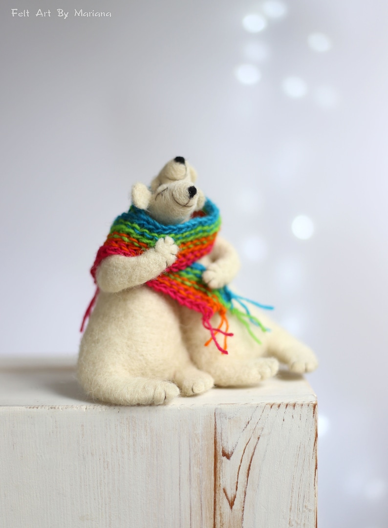 Valentine Needle Felted Animals Home Decoration Dreamy Waithe Bears With Color Scarf Needle Felted White Bears Valentine Gift Idea