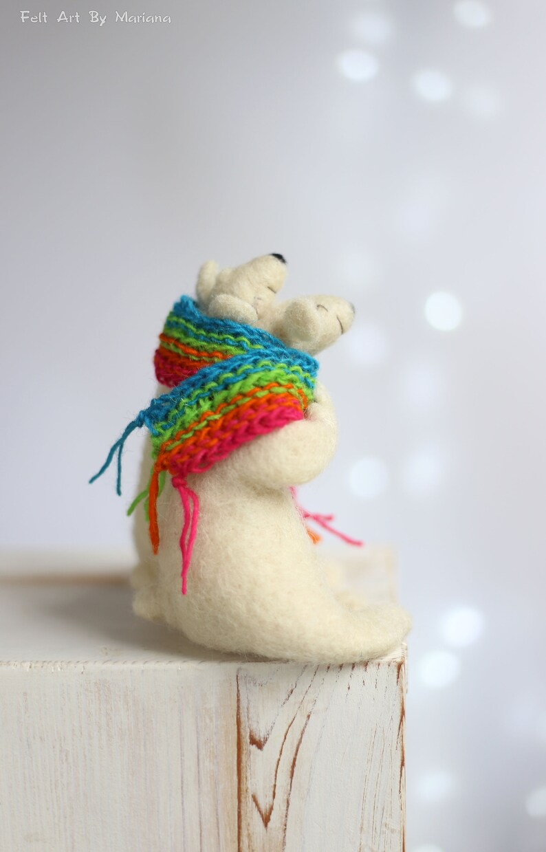Valentine Needle Felted Animals Home Decoration Dreamy Waithe Bears With Color Scarf Needle Felted White Bears Valentine Gift Idea