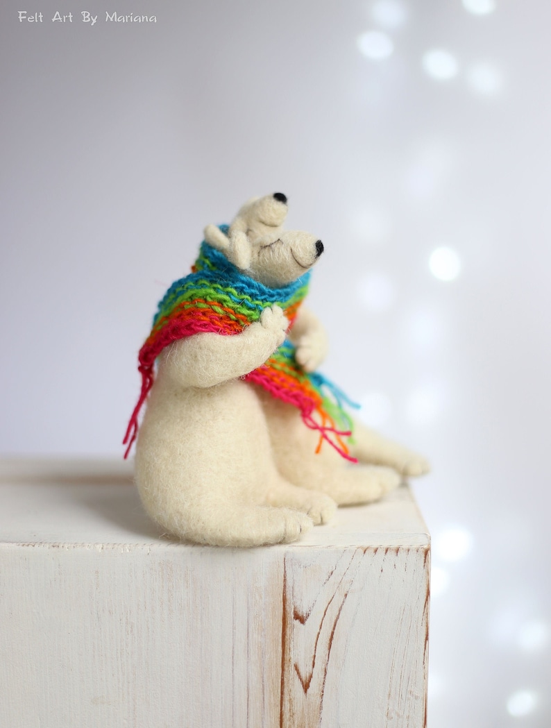 Valentine Needle Felted Animals Home Decoration Dreamy Waithe Bears With Color Scarf Needle Felted White Bears Valentine Gift Idea