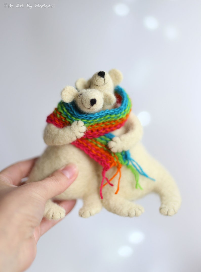 Valentine Needle Felted Animals Home Decoration Dreamy Waithe Bears With Color Scarf Needle Felted White Bears Valentine Gift Idea