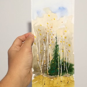 Forest landscape, tall painting, birch and fir trees, unframed watercolor on paper, ocher green, original art, nature blue sky, Transylvania