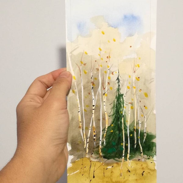 Forest landscape, tall painting, birch and fir trees, unframed watercolor on paper, ocher green, original art, nature blue sky, Transylvania
