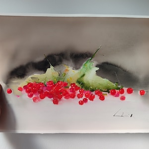 Natura morta con bacche rosse, pittura ad acquerello originale, esposizione di arte del ristorante in cucina senza cornice, frutta di carta, prodotti alimentari rosso nero