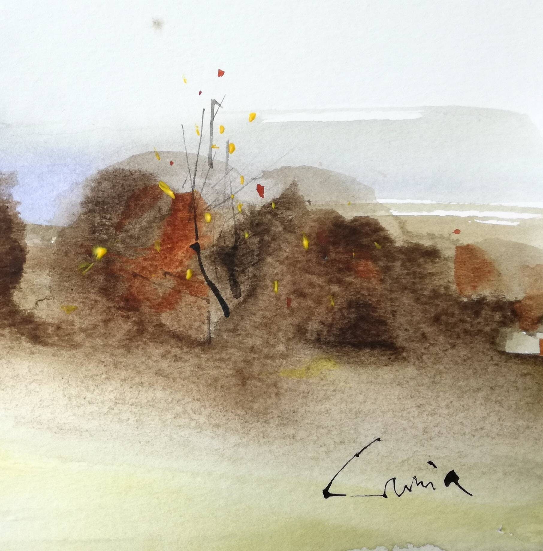 霧のかかった秋の風景、水彩画、淡いさまざまな色、茶色の黄土色