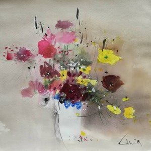 Fiori in un vaso, piccolo e bellissimo dipinto viola su carta, natura morta acquerello senza cornice, opera d'arte originale unica, dipinta in Romania
