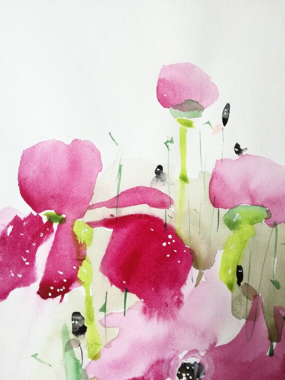 Aquarelle originale composition fleurs et calligraphie moderne