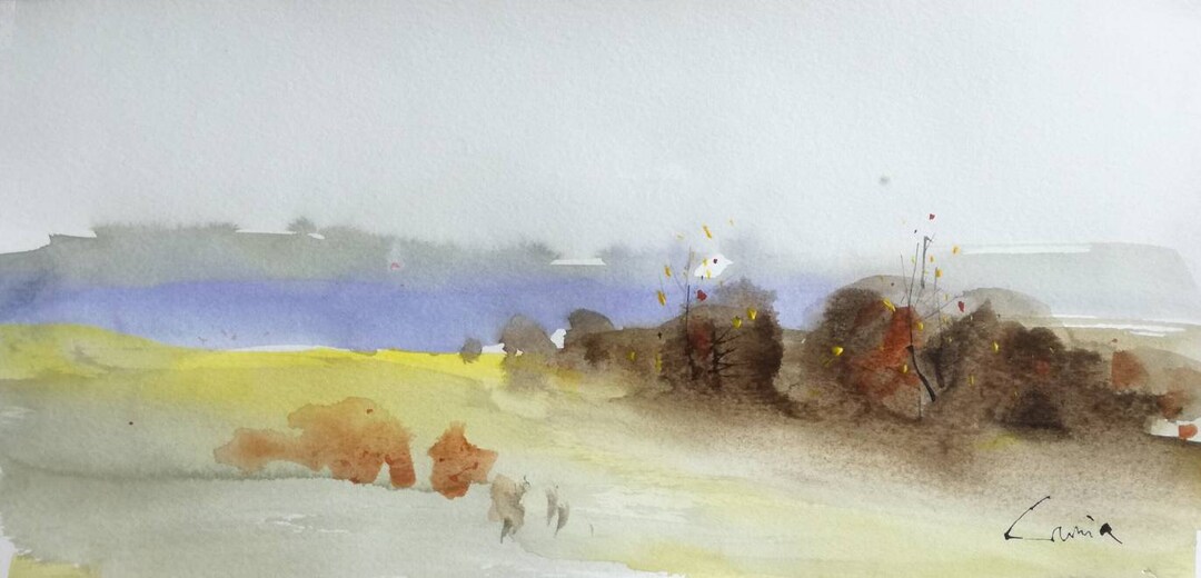 秋の風景 水彩画 額装済み 絵画 秋の日本庭園の風景 インテリアアート額付き 水彩画・油絵