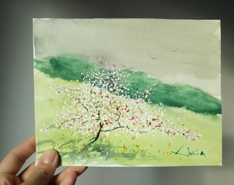 Spring tree in bloom, landscape painting, white pink flowers, gray sky, watercolor on paper, unframed artwork, fine art, gift nature view