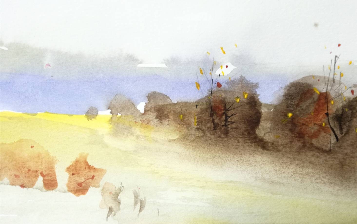 霧のかかった秋の風景、水彩画、淡いさまざまな色、茶色の黄土色