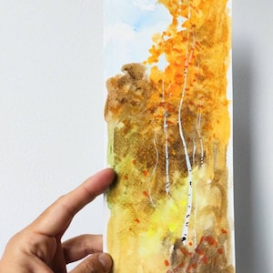 Dipinto giallo, arte del paesaggio autunnale, acquerello verticale senza cornice, arte su carta, marrone arancione, regalo della natura, artista affermato Ro