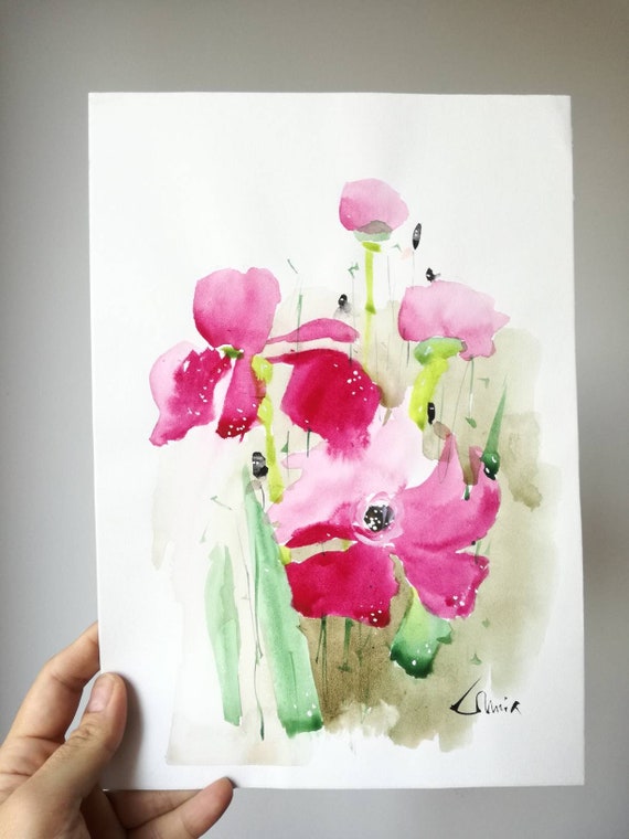 Aquarelle originale composition fleurs et calligraphie moderne