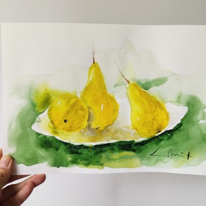 Dipinto da cucina originale, pere su un piatto, arte dell'acquerello, regalo per il cuoco, opere d'arte di natura morta, giallo verde, cibo biologico naturale, autunno