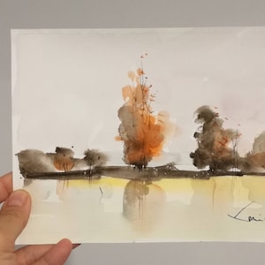 Herbst am See, Landschaftsmalerei, Aquarell auf Kunstpapier, ungerahmtes Kunstwerk, braune Bäume Wasserreflexion, Geschenk im Freien Naturansicht