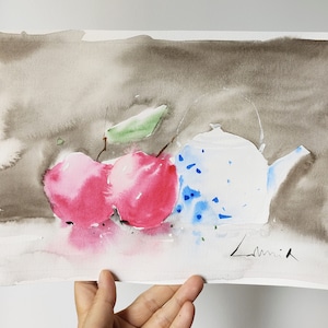 Dipinto originale ad acquerello da bistrot, mele rosse e teiera in porcellana, cibo e bevande artistiche a base di frutta, natura morta, dipinto artistico senza cornice