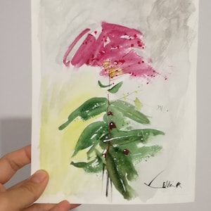Dipinto ad acquerello originale di fiori, arte senza cornice, natura morta, opere d'arte botanica in fiore, regalo per gli amanti della natura, decorazione murale di carta rosa verde
